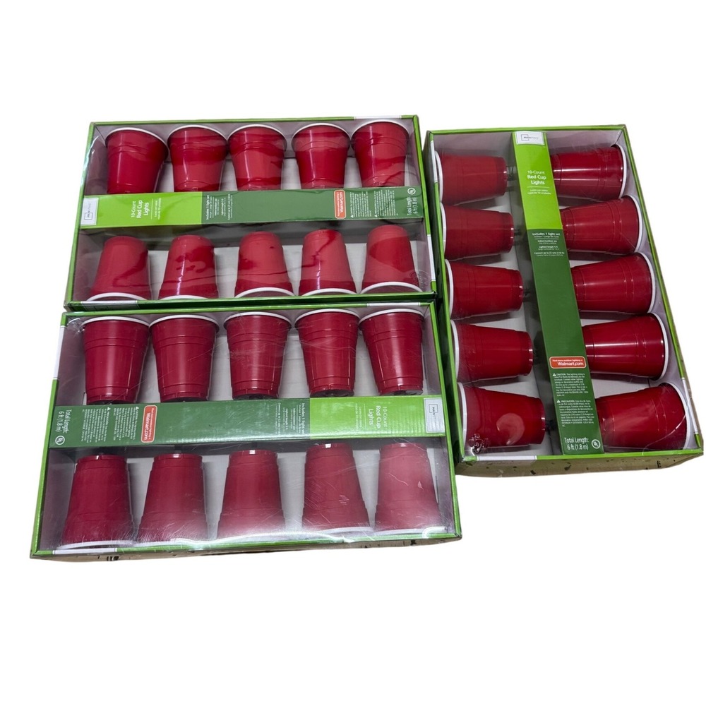 Lot of 3 Mainstays 10-Count Red Cup String Lights 6ft Indoor Outdoor Party Decor
